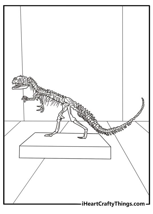 Allosaurus skeleton displayed in a museum coloring page