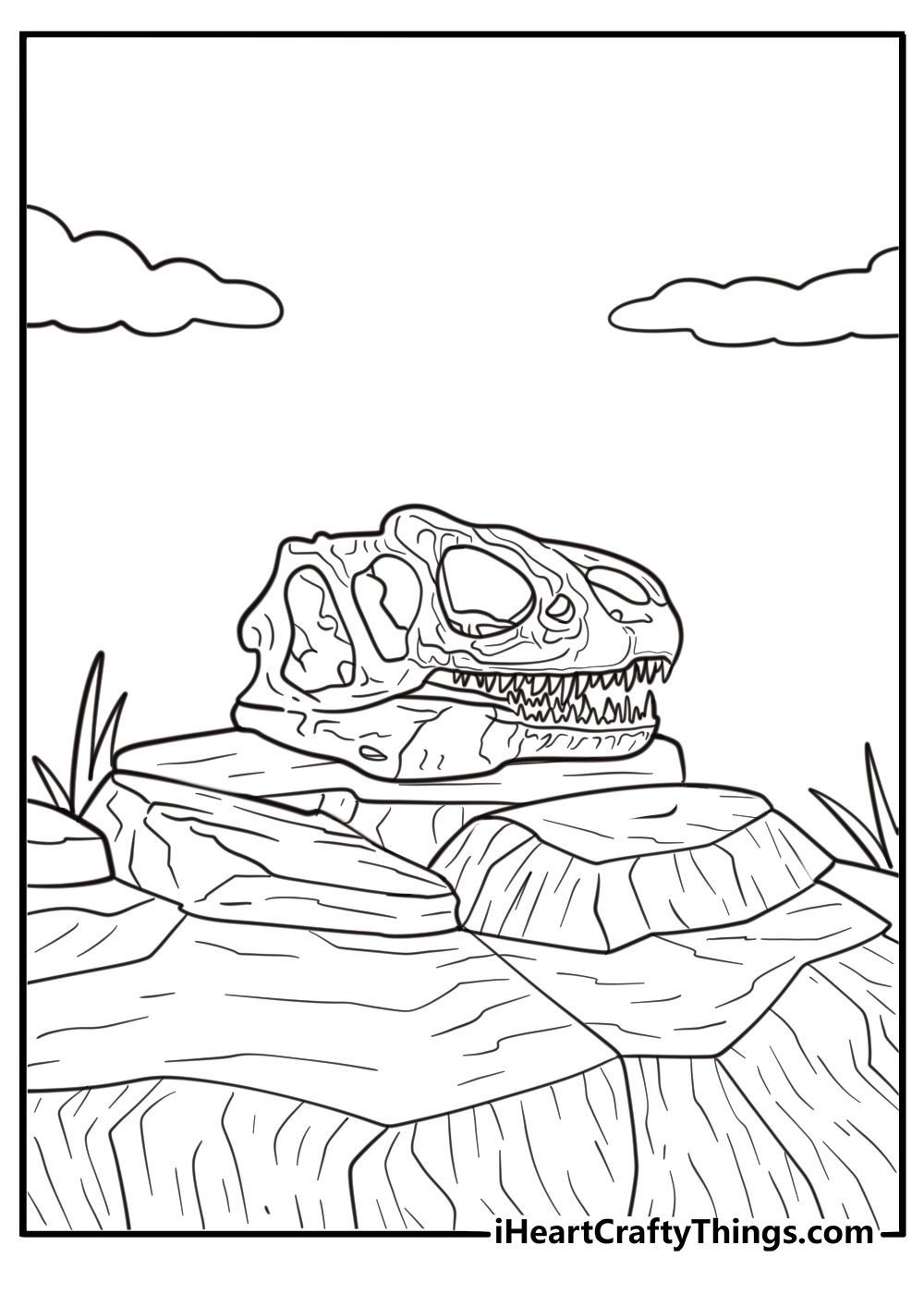 Allosaurus skull with sharp teeth displayed on a rock coloring sheet