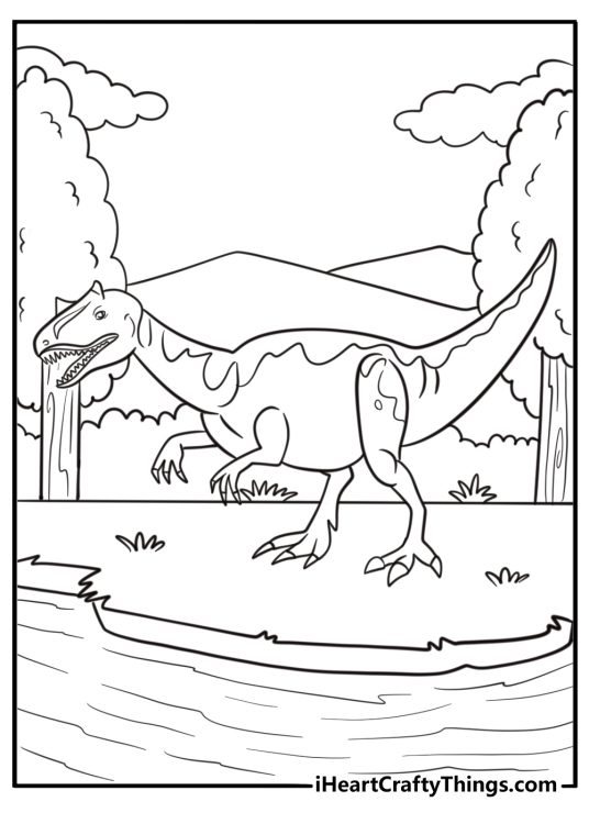 Allosaurus standing near a river surrounded by ferns coloring sheet