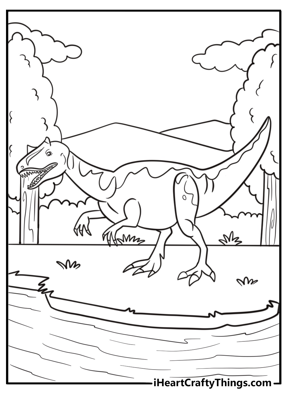 Allosaurus standing near a river surrounded by ferns coloring sheet