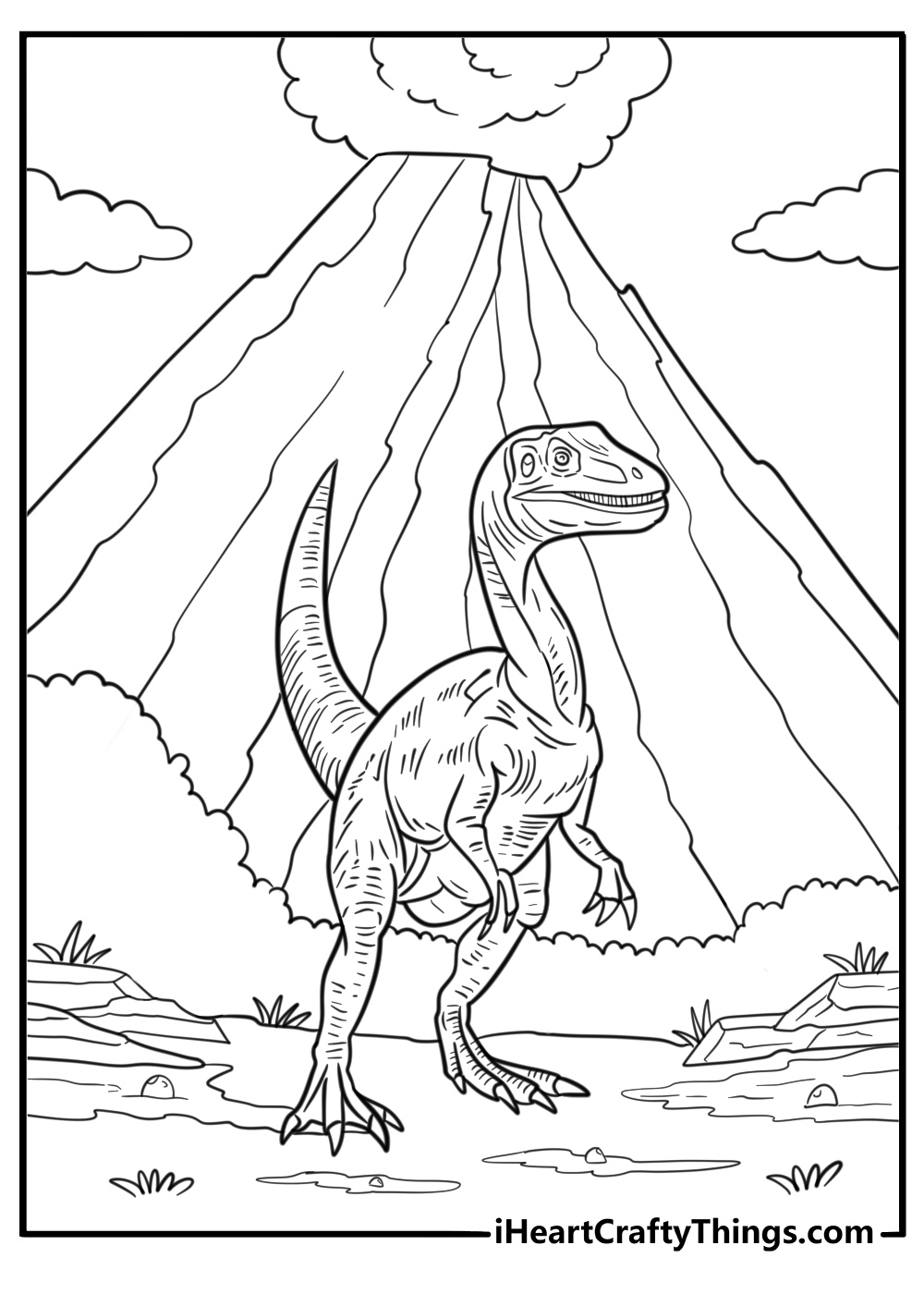 Allosaurus surrounded by volcanic ash and lava rocks coloring sheet