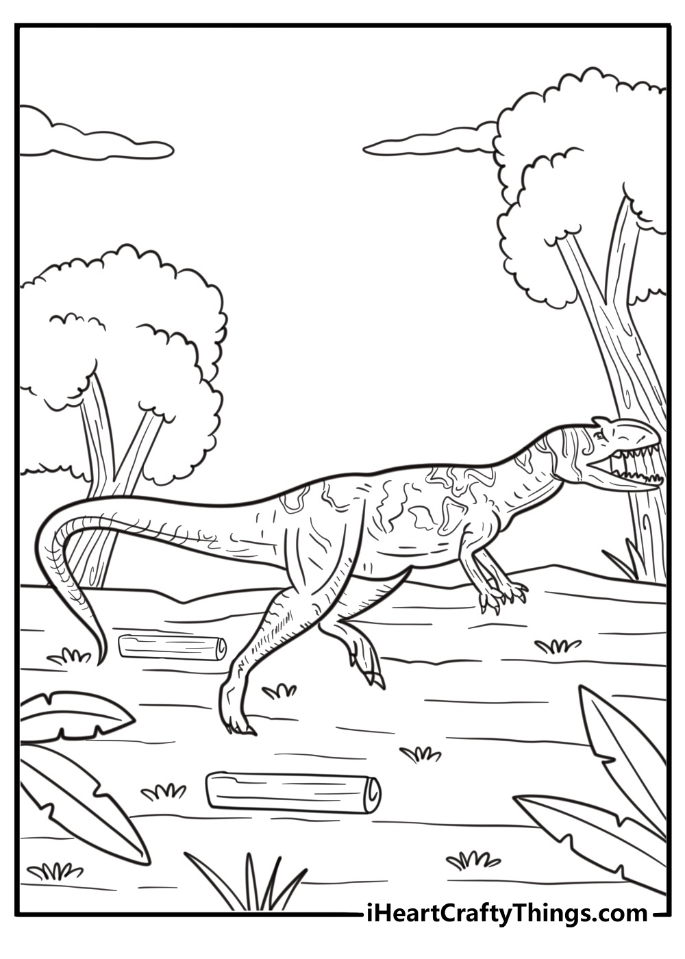 Allosaurus tail winging near a fallen log in a forest clearing coloring sheet