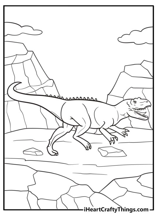 Allosaurus walking on two legs through rocky terrain coloring sheet