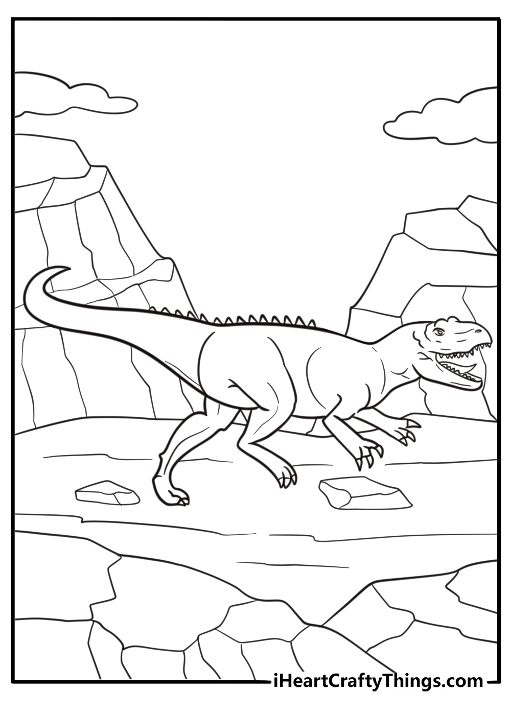 Allosaurus walking on two legs through rocky terrain coloring sheet