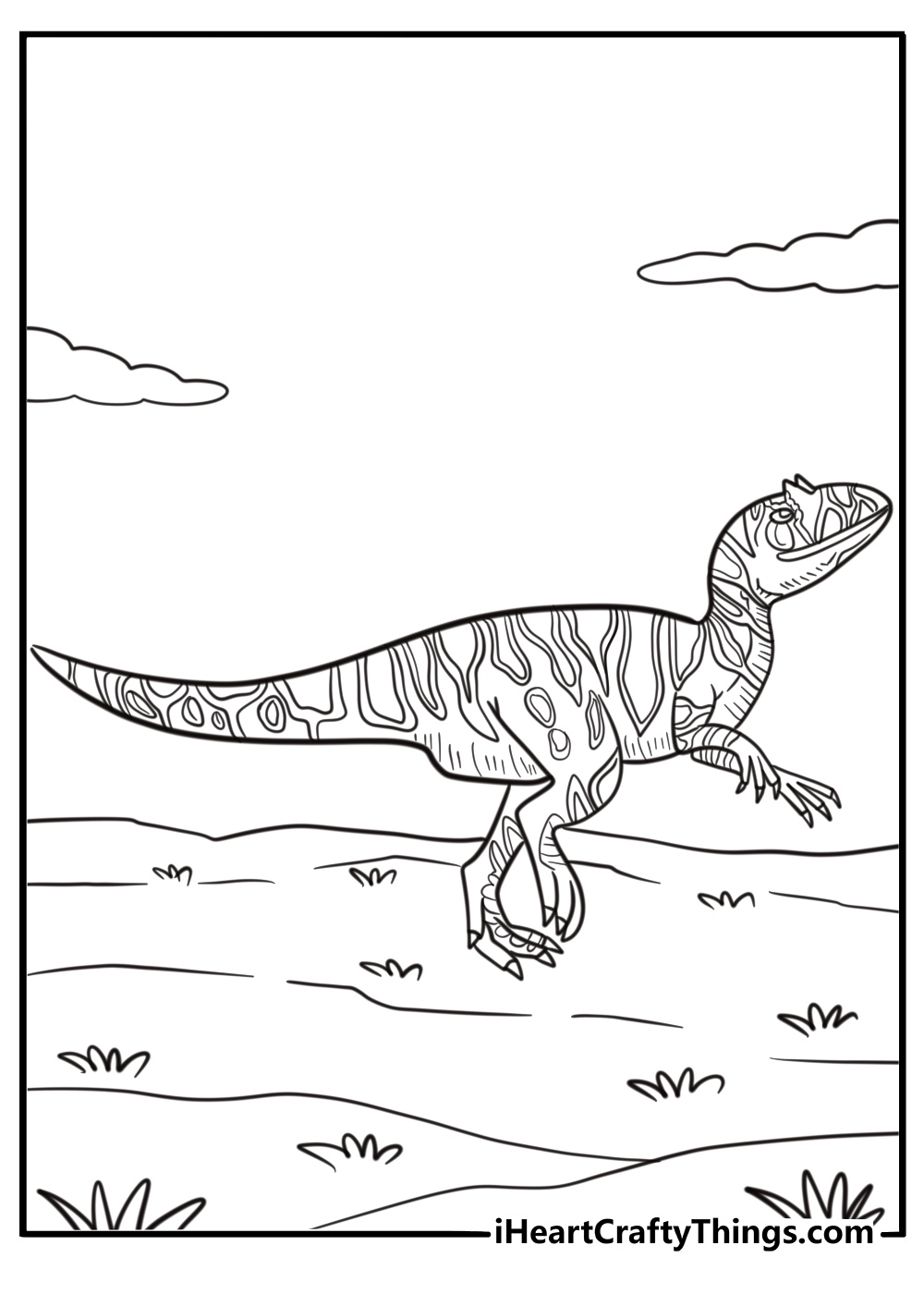 Allosaurus with ridged back walking across open plains coloring sheet