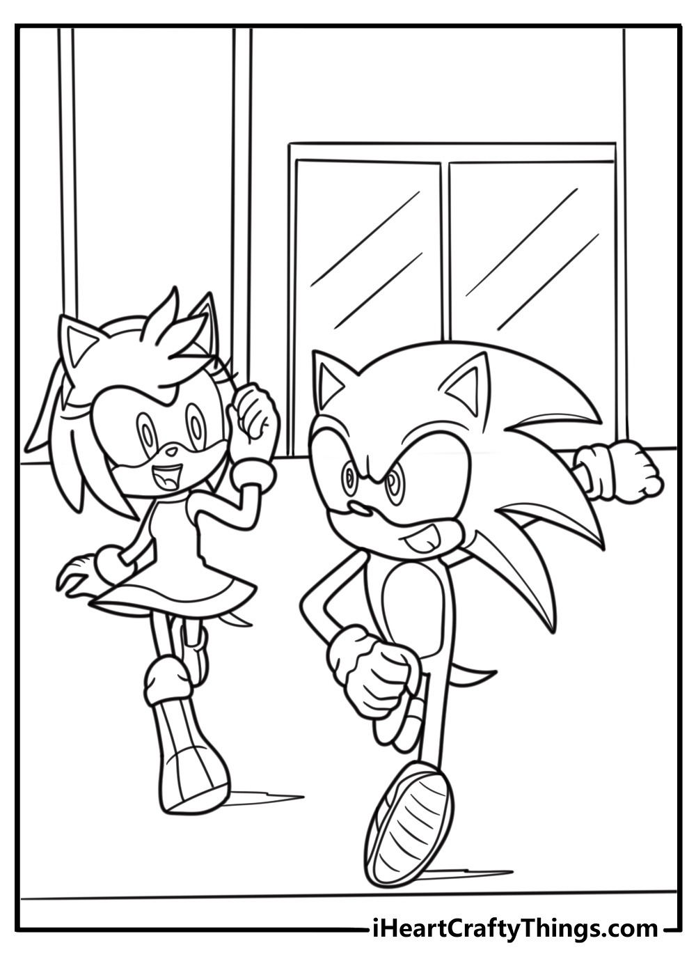 Amy Rose chasing sonic in a city background free coloring page