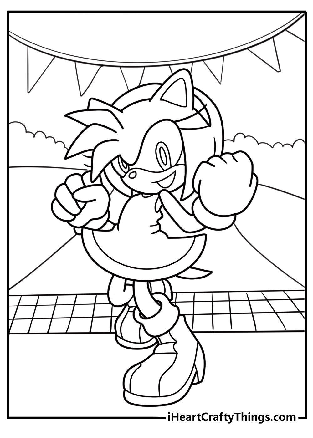Amy rose cheering during a sonic race free coloring page pdf