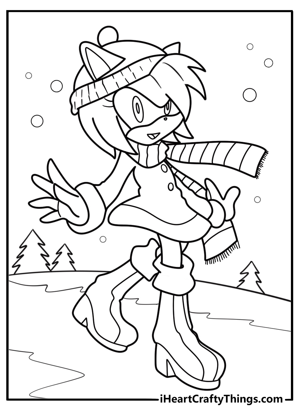 Amy Rose in a snowy scene wearing winter outfit coloring sheet