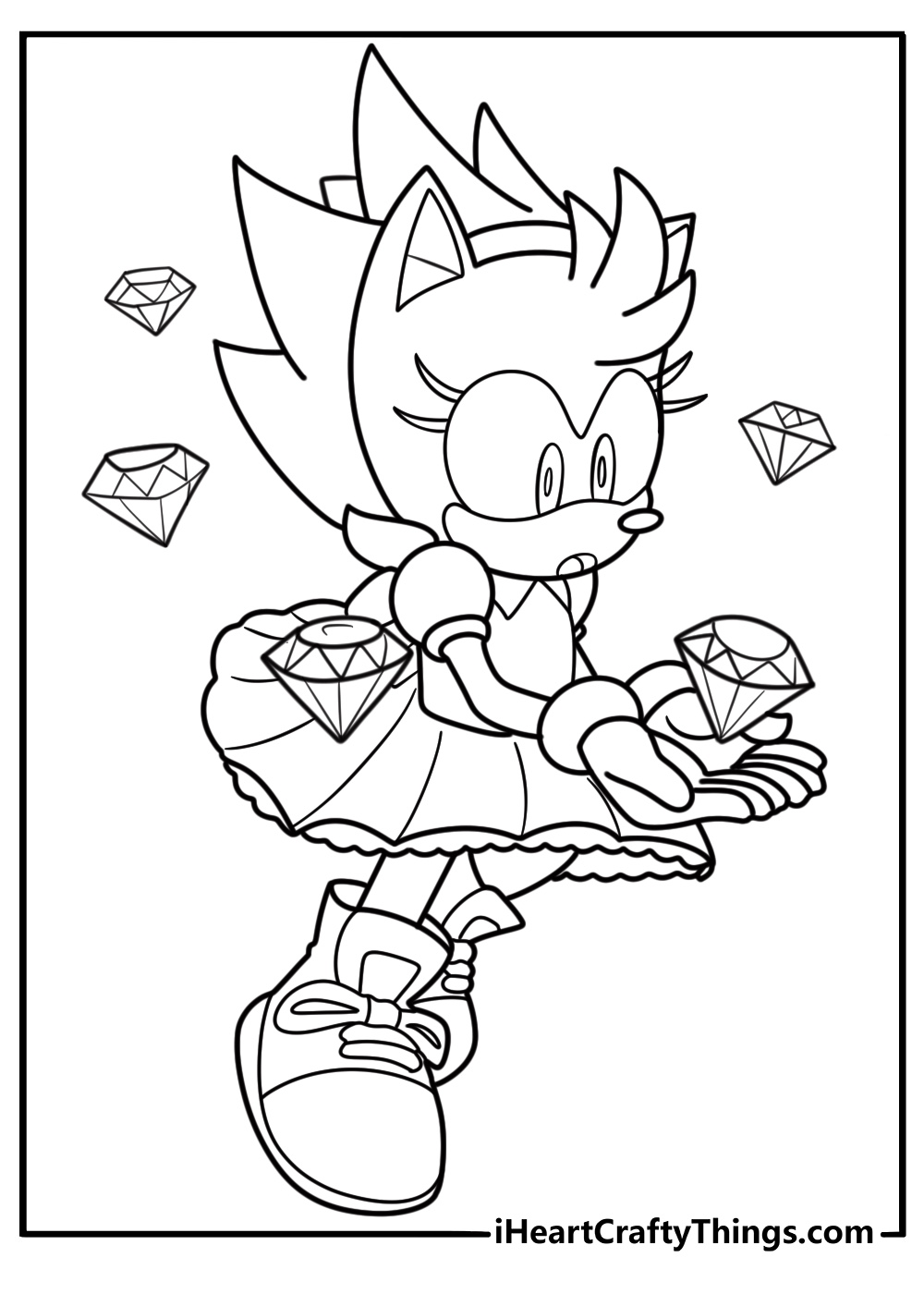 Amy Rose looking at a chaos emerald printable sonic coloring page