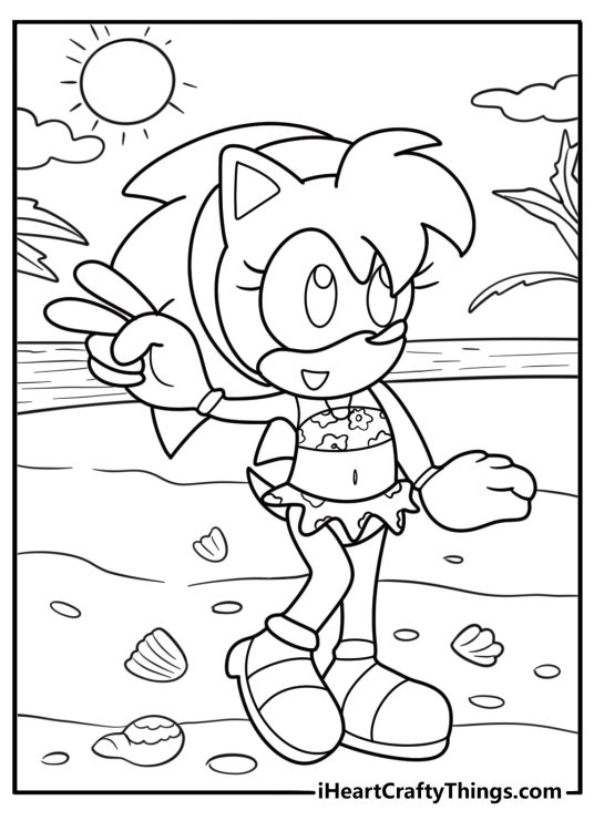Amy rose on a beach with seashells around her coloring page for kids