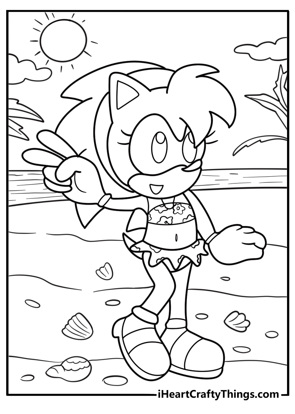 Amy rose on a beach with seashells around her coloring page for kids