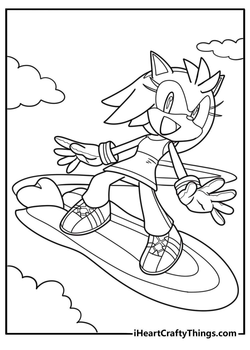 Amy rose riding a hoverboard fun sonic coloring sheet