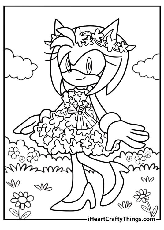 Amy rose surrounded by flowers in spring field coloring page