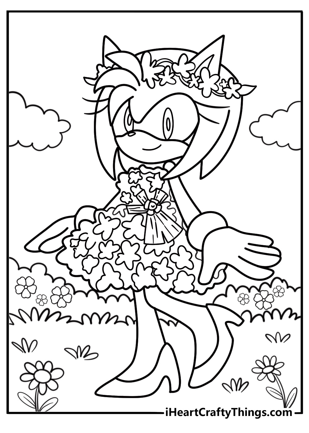 Amy rose surrounded by flowers in spring field coloring page