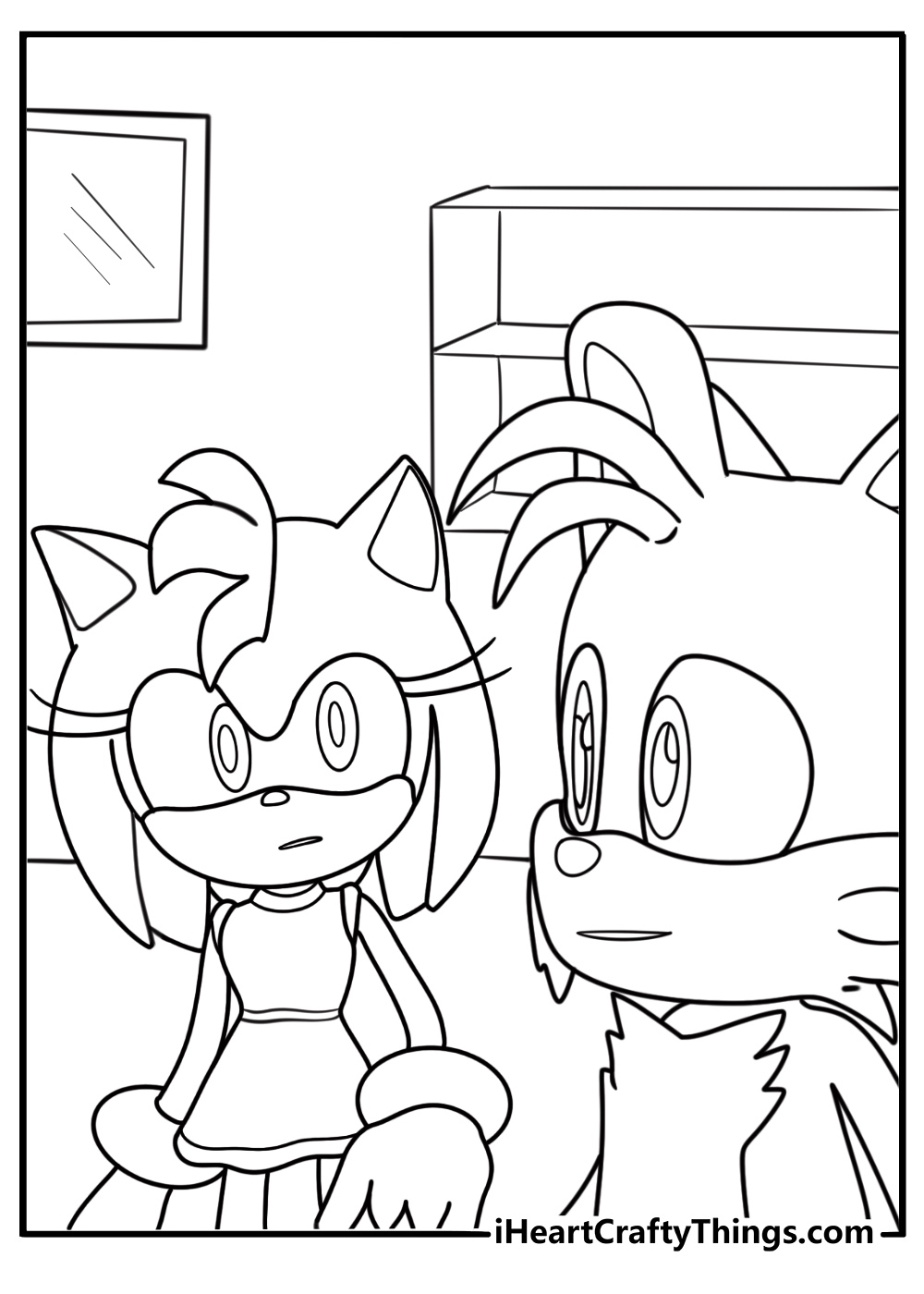 Amy rose talking to tails in the workshop printable coloring page