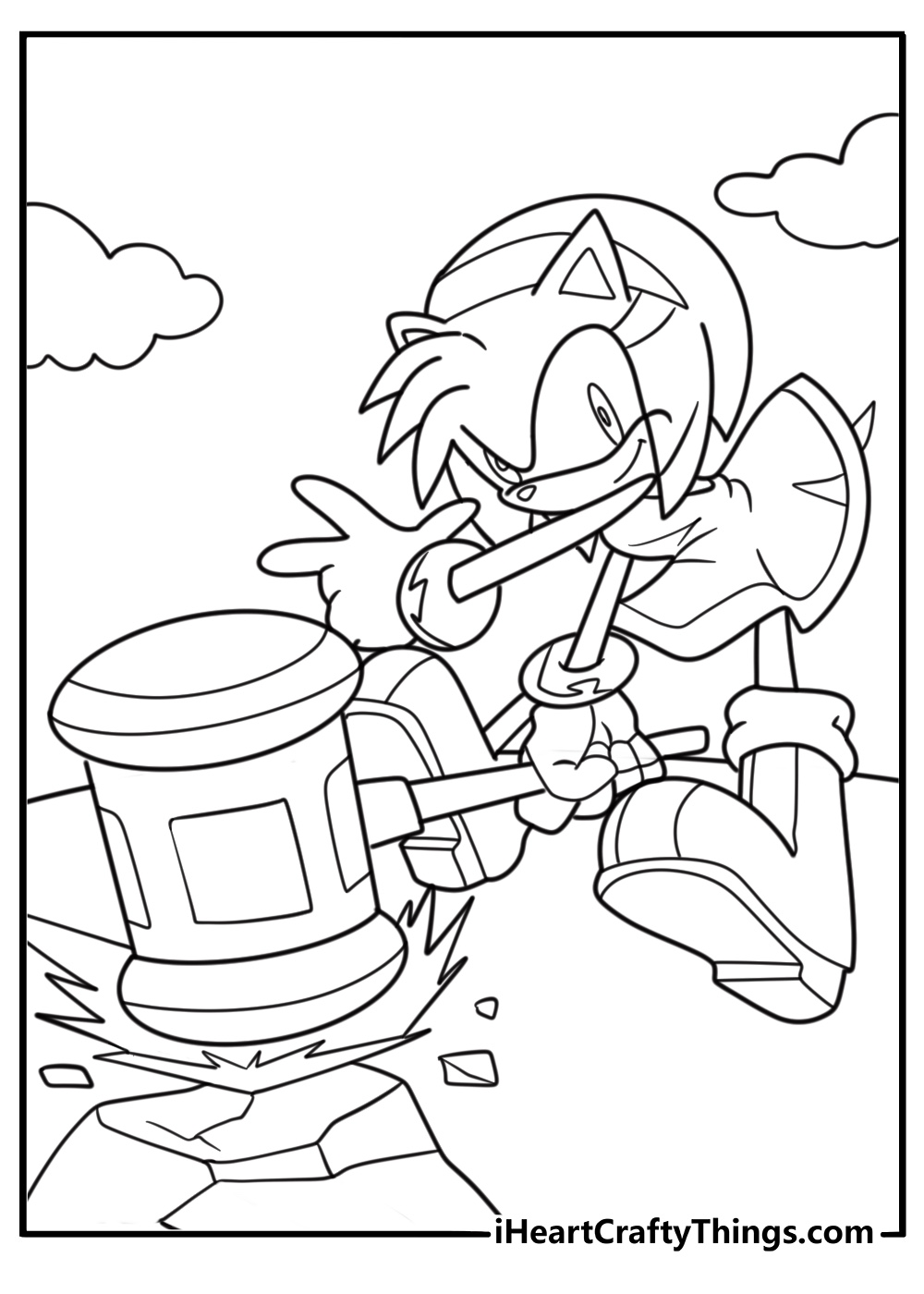 Amy rose using her hammer to break a rock detailed coloring sheet