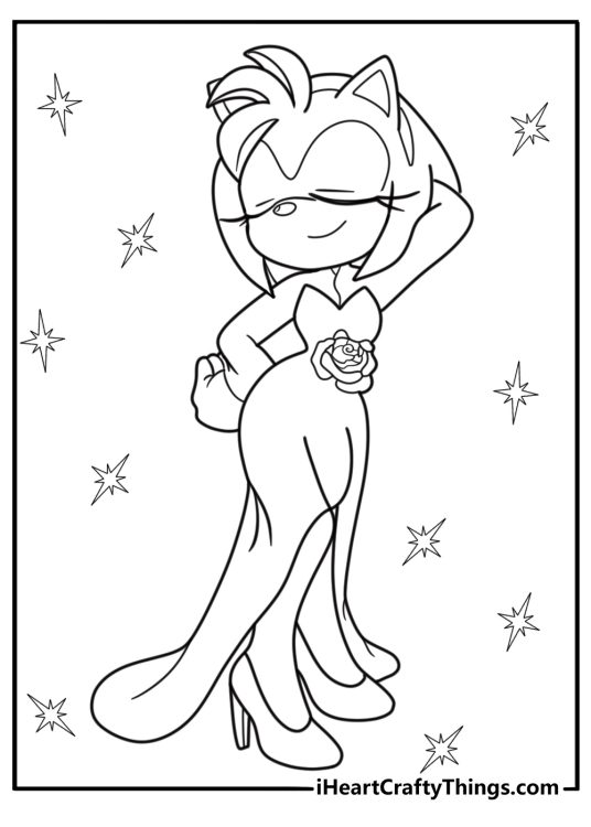 Amy rose wearing her red dress detailed coloring sheet