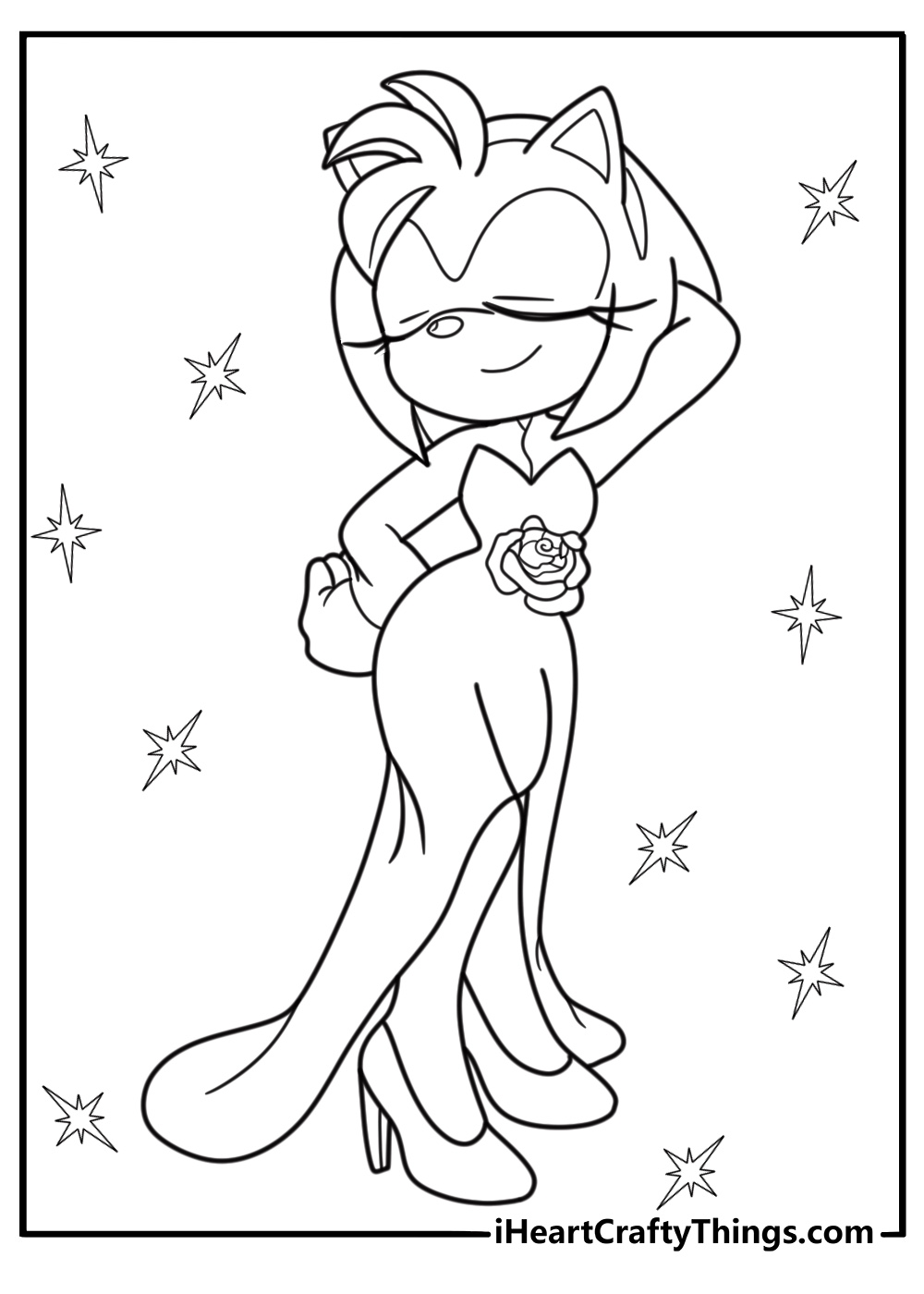 Amy rose wearing her red dress detailed coloring sheet
