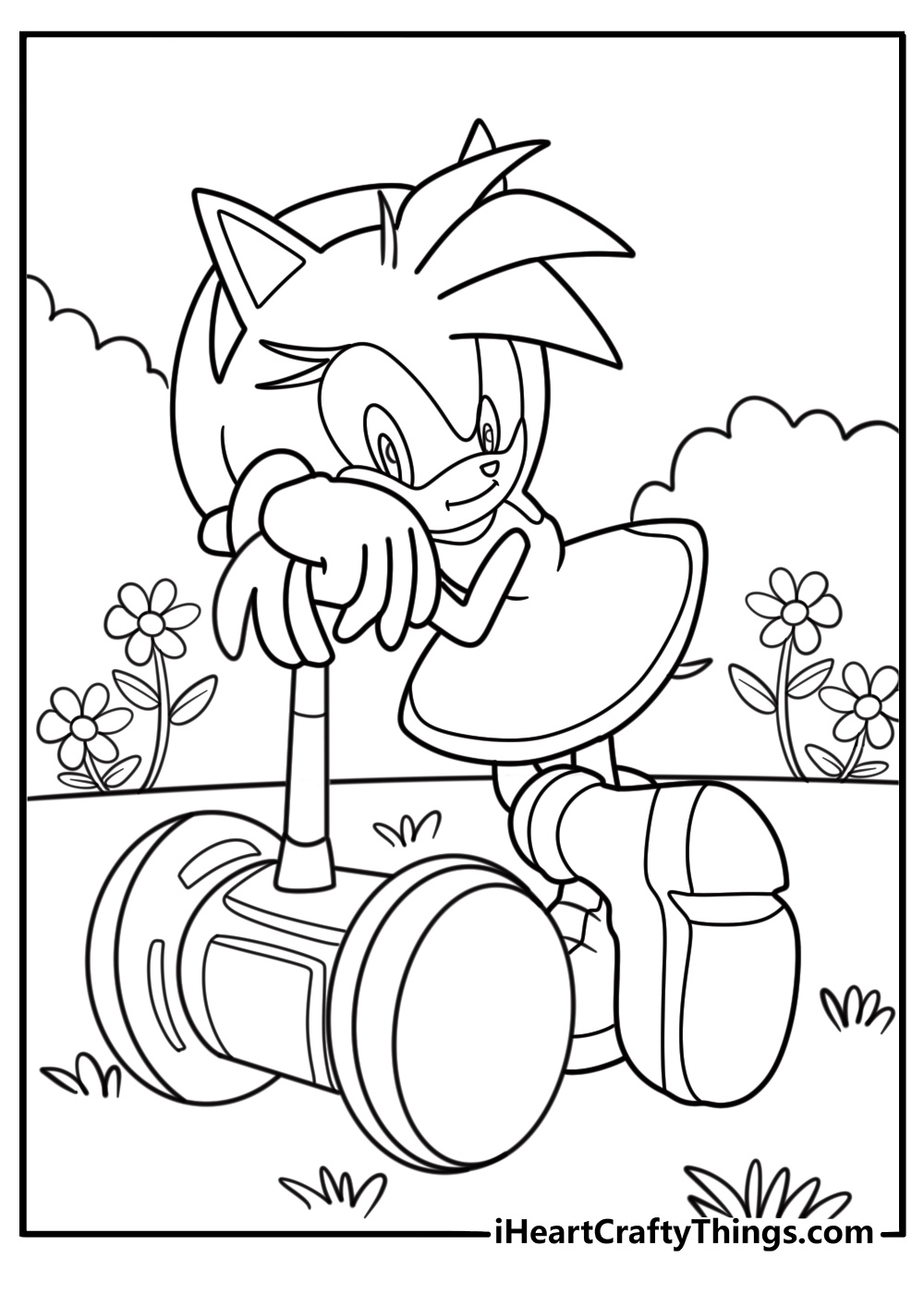 Amy rose with her piko piko hammer detailed coloring sheet