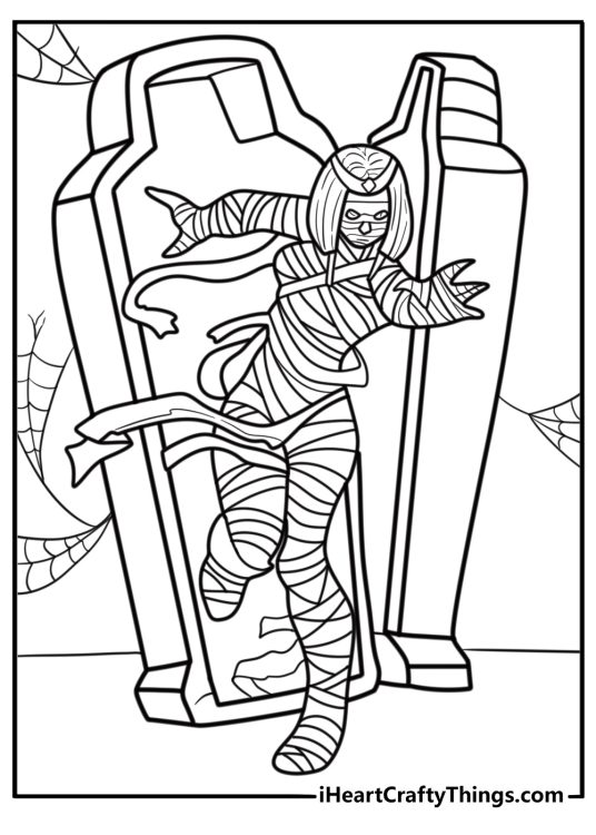 Ancient Egyptian mummy standing in a sarcophagus coloring page