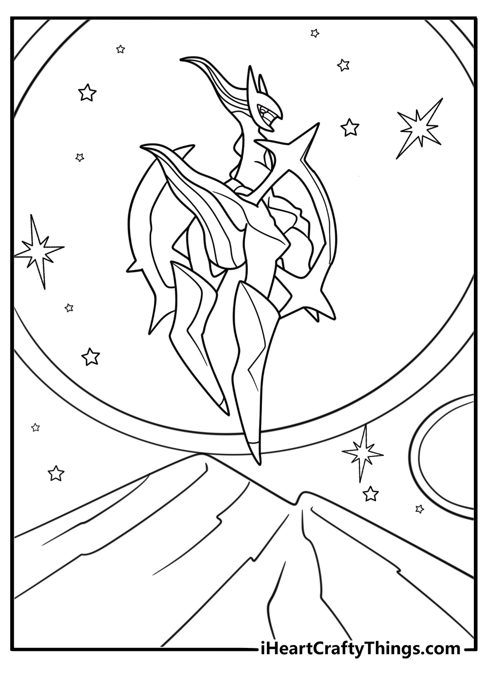 Arceus floating above mountain peaks with energy ring coloring sheet
