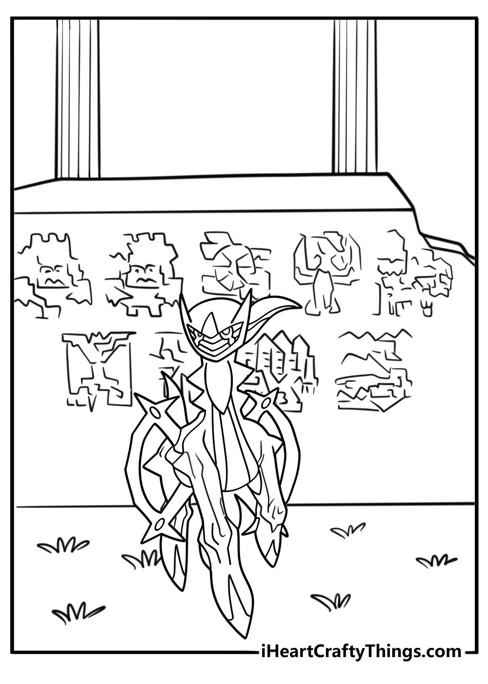 Arceus in a temple with ancient symbols coloring sheet