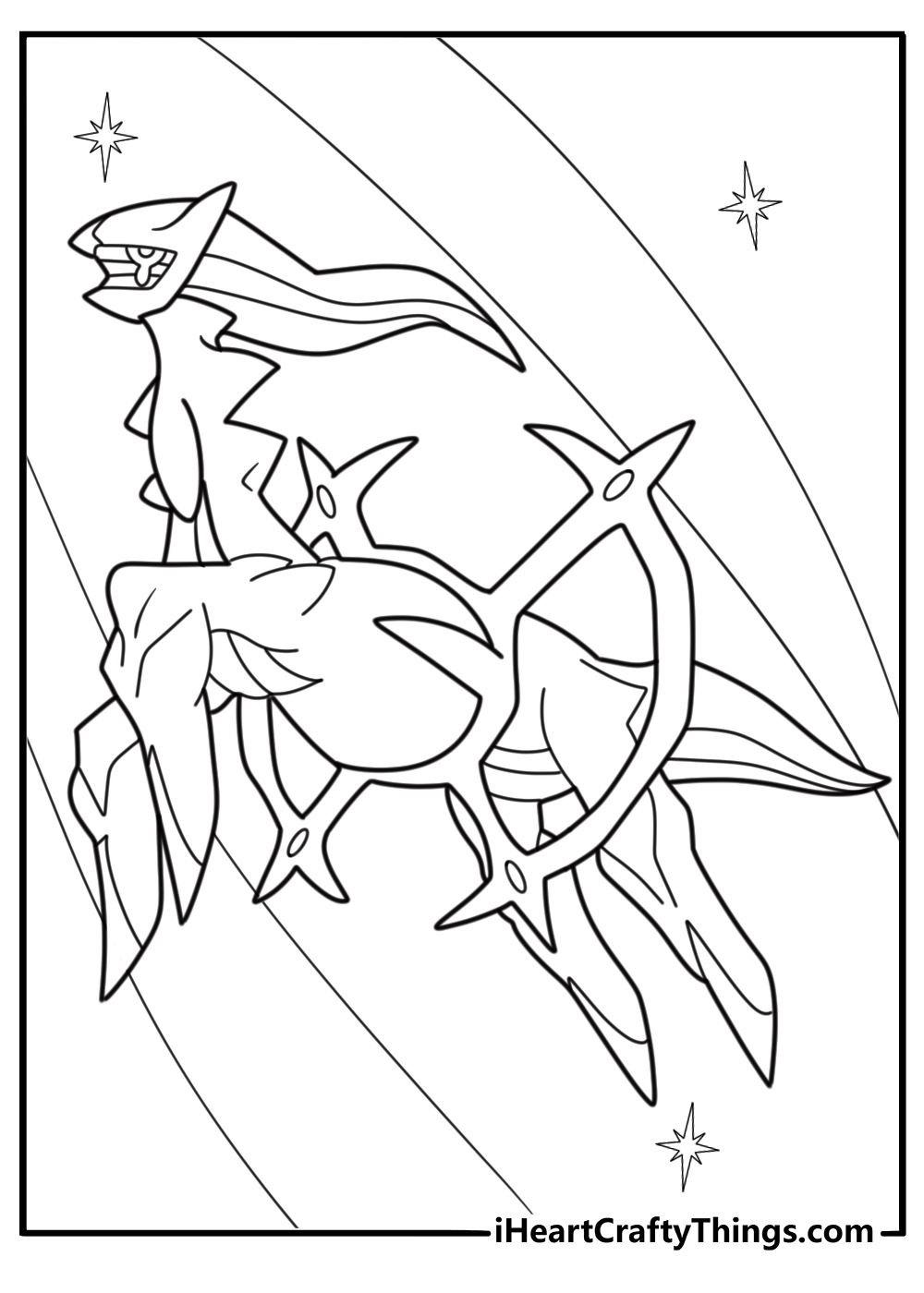 Arceus standing at the center of a galaxy printable coloring sheet