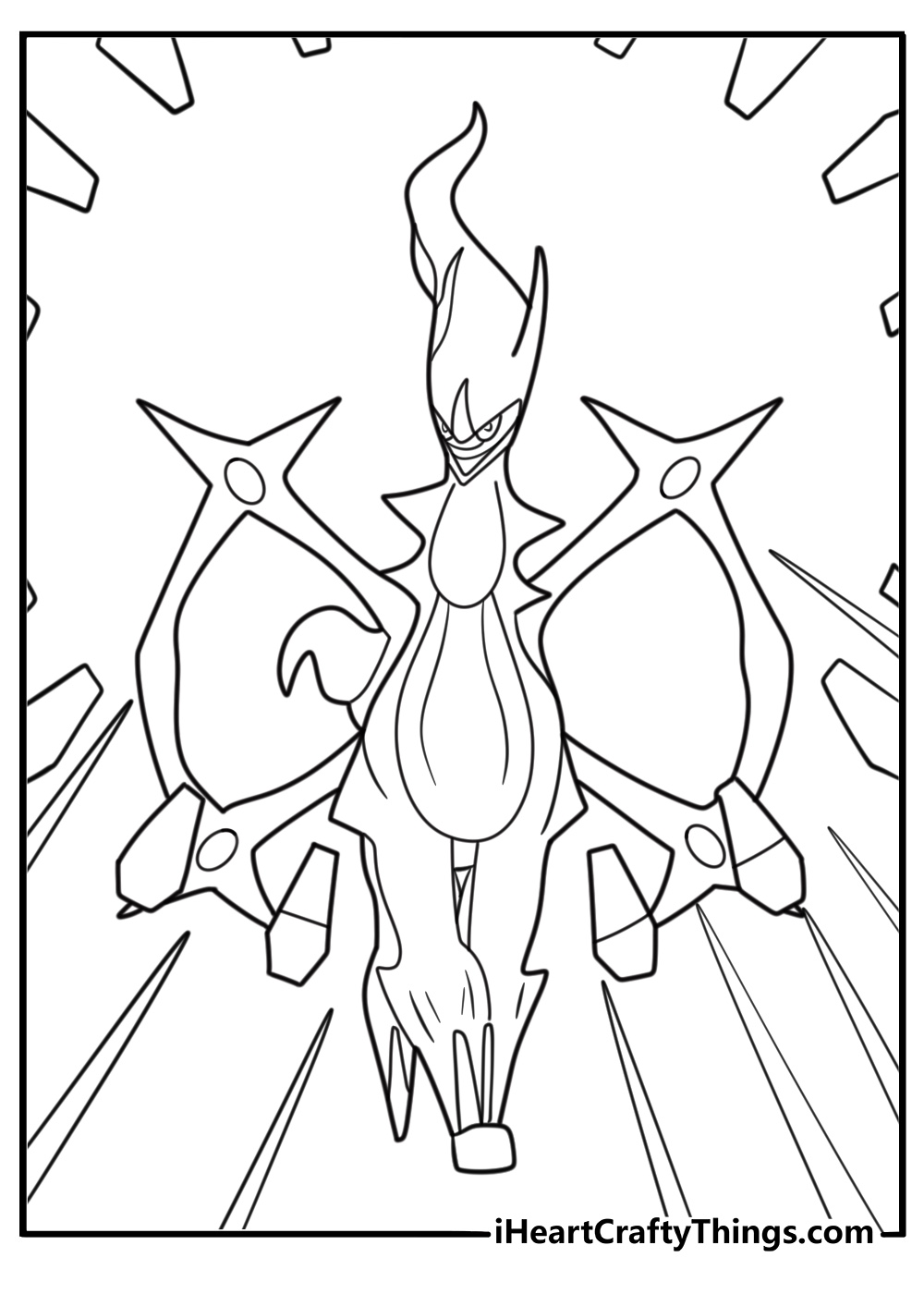 Arceus standing with glowing rings coloring page for kids
