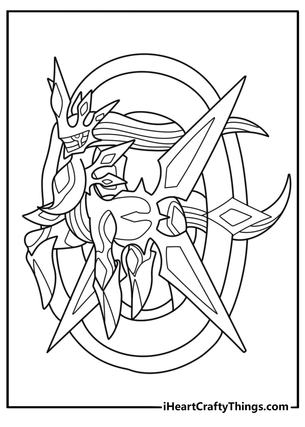 Arceus surrounded by mythical energy orbs free coloring page pdf