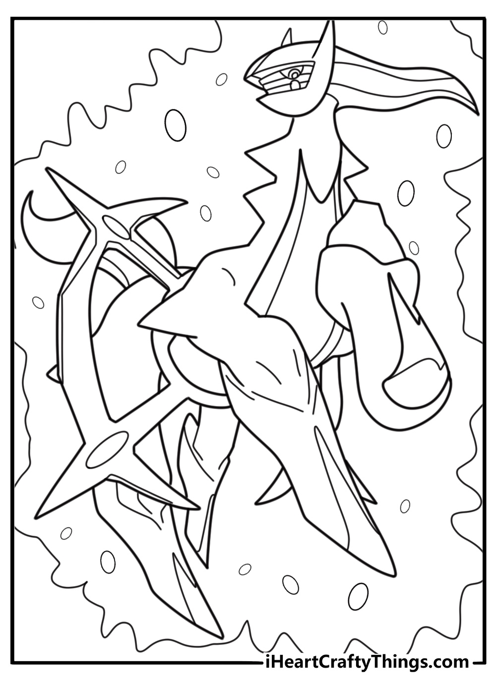 Arceus with a glowing multicolored aura detailed coloring sheet