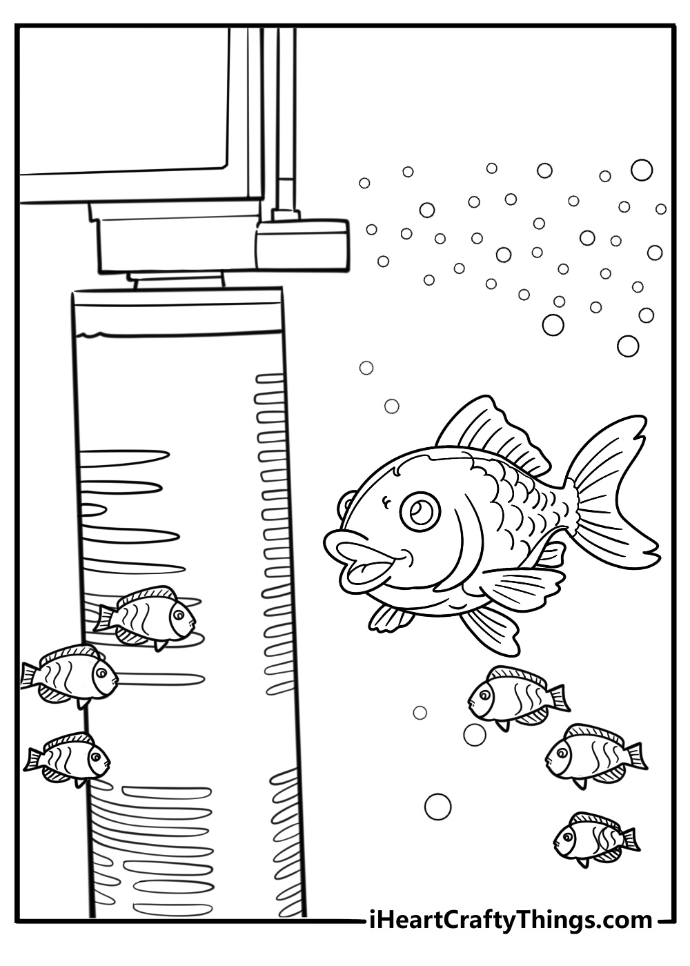 Baby goldfish swimming near a filter printable coloring sheet