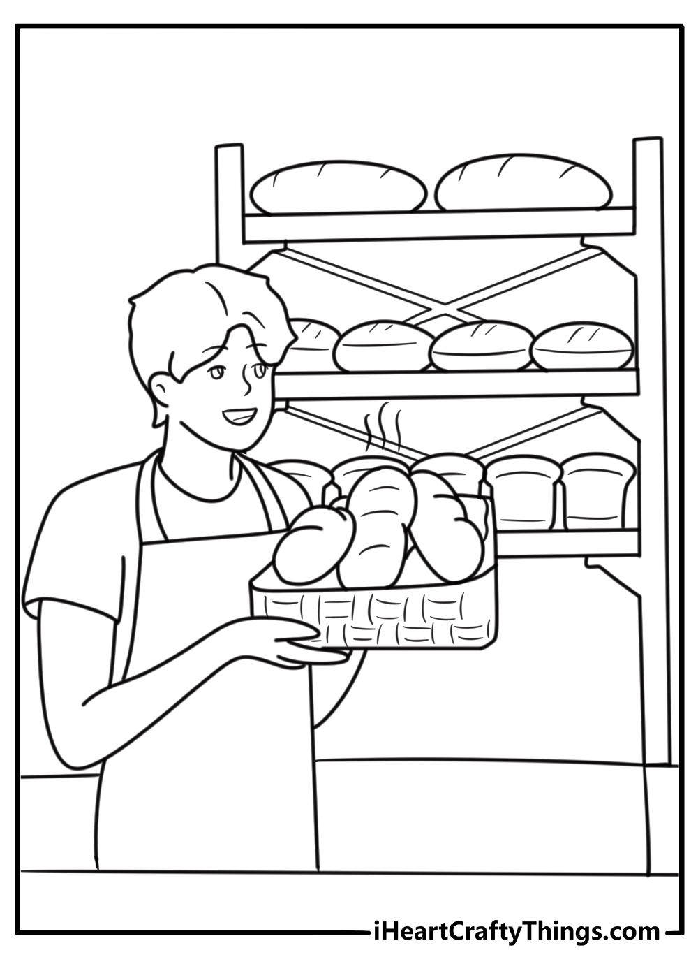 Baker with tray of bread in bakery coloring page