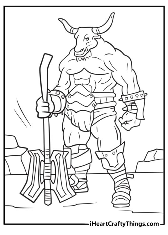 Barbarian swinging a giant axe in rage coloring page