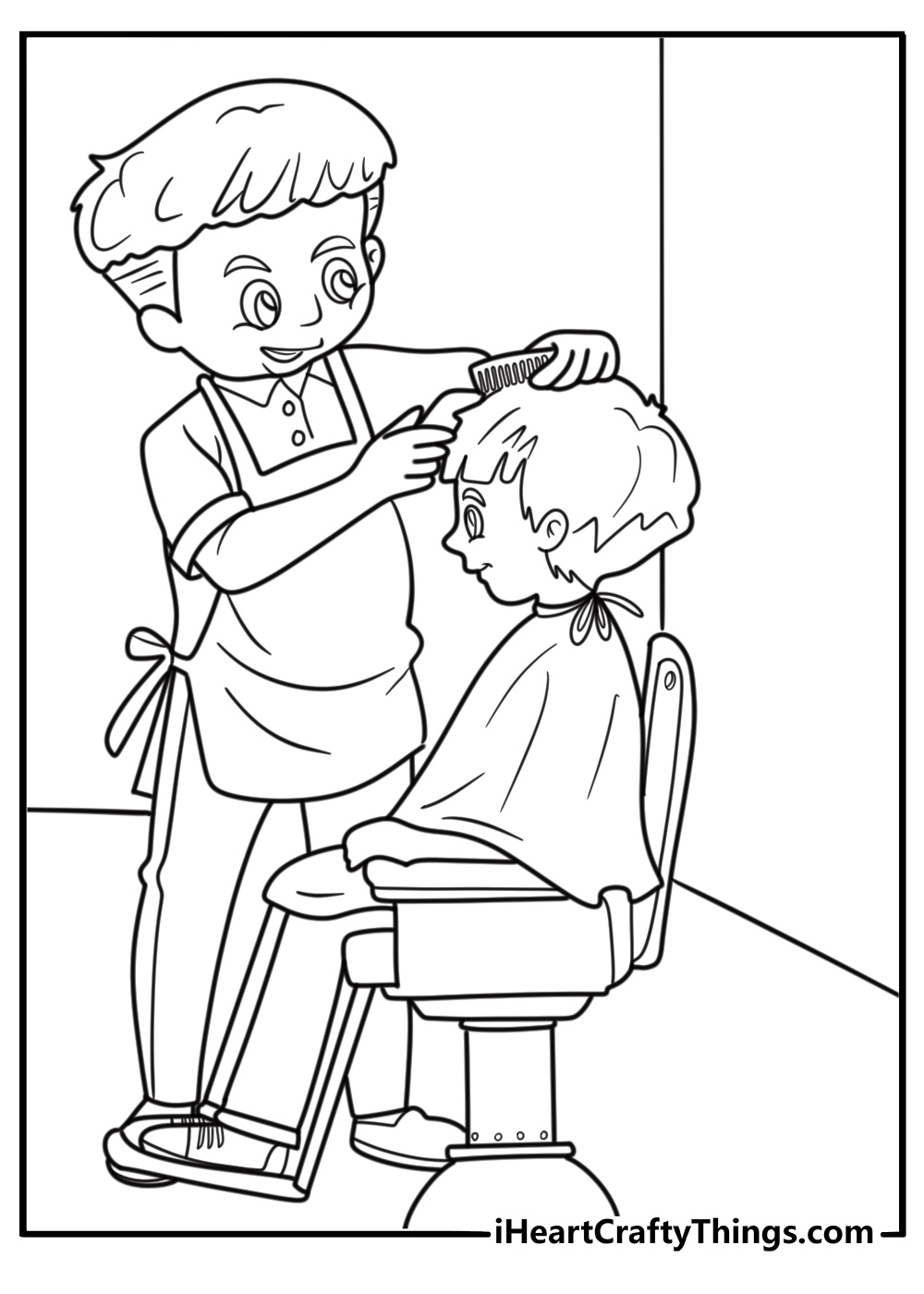 Barber giving a haircut in a small shop coloring page