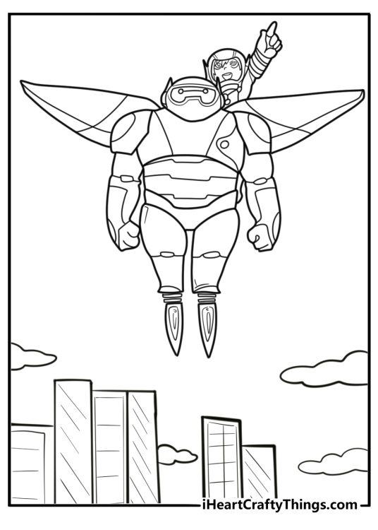 Baymax flying over San Fransokyo at night coloring page