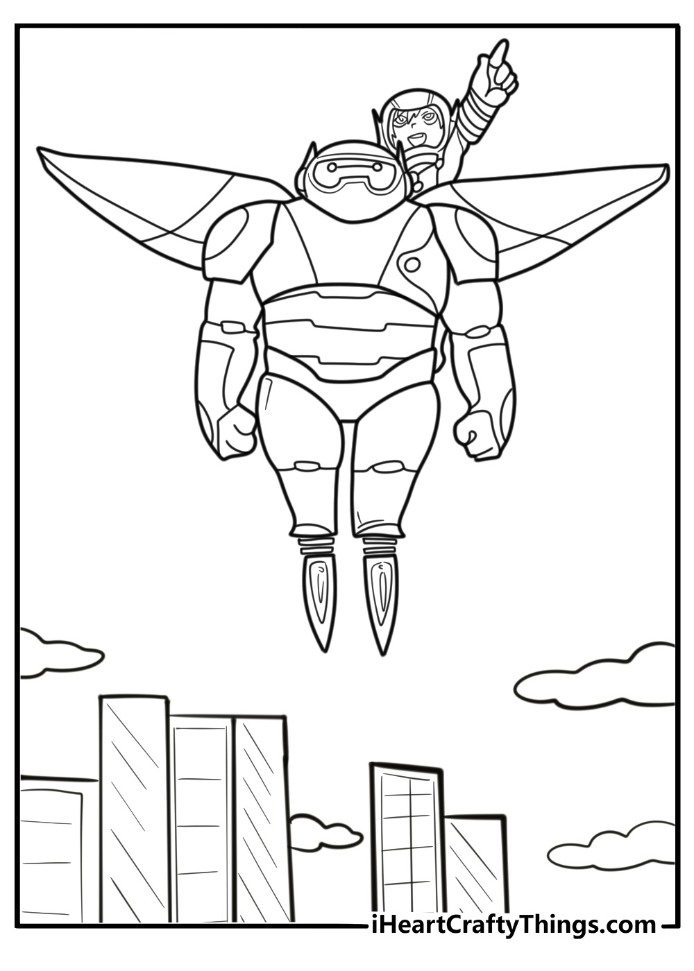 Baymax flying over San Fransokyo at night coloring page