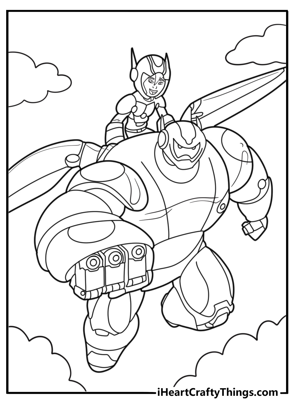 Baymax flying with Hiro on his back coloring page