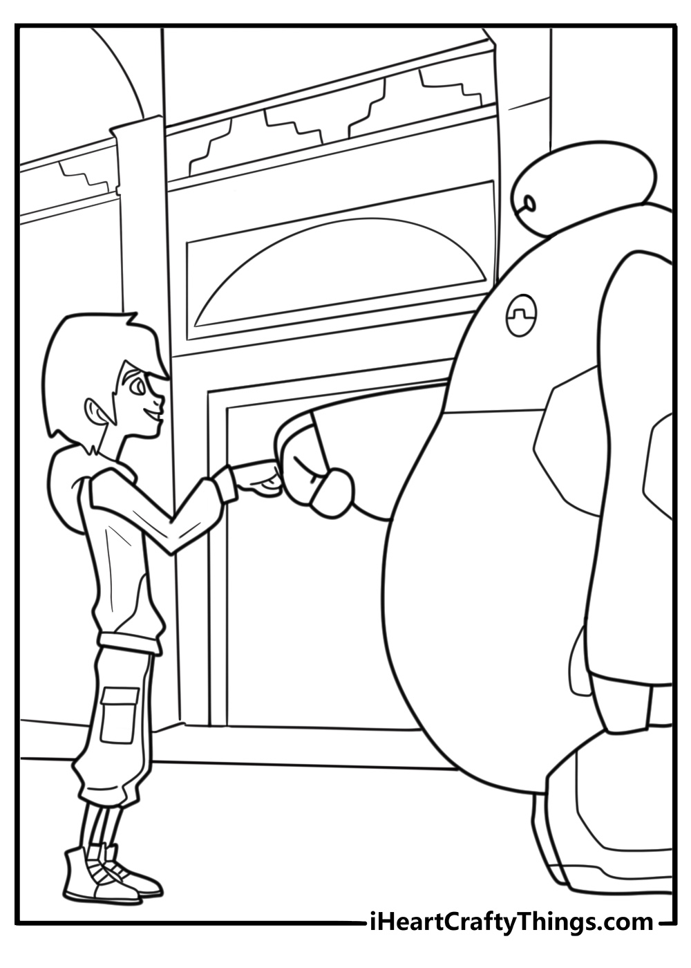 Baymax giving a fist bump to Hiro coloring page