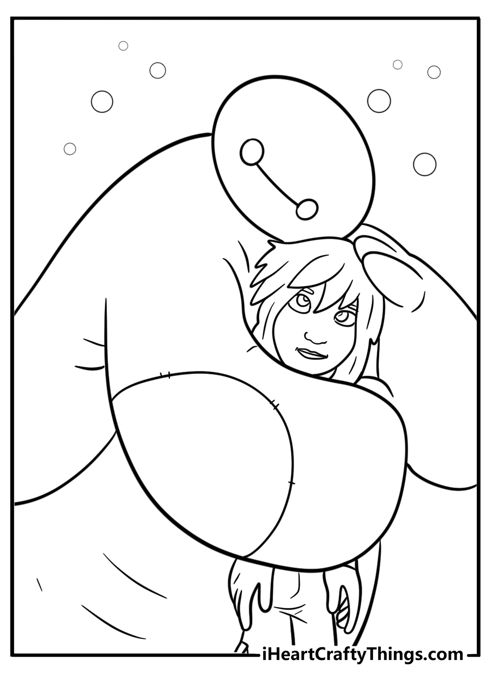 Baymax hugging a scared child coloring page