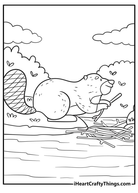 Beaver building a dam coloring page for kids