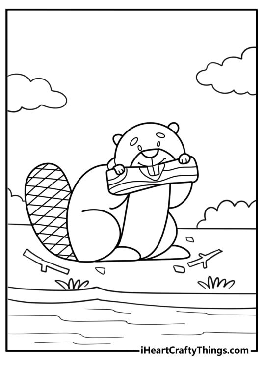 Beaver chewing on a log near a river coloring sheet