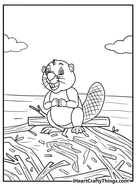 Beaver climbing onto its dam from the water printable coloring sheet
