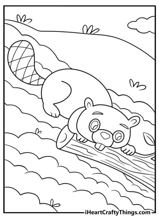 Beaver dragging wood through the mud printable coloring sheet