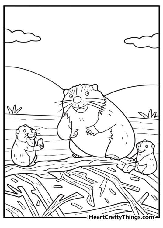 Beaver family outside their lodge in the wild coloring page