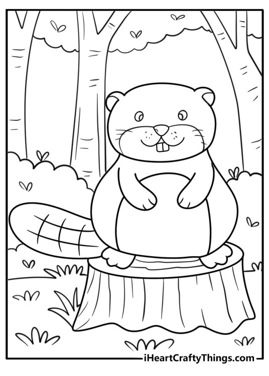Beaver gnawing on a small tree trunk coloring page