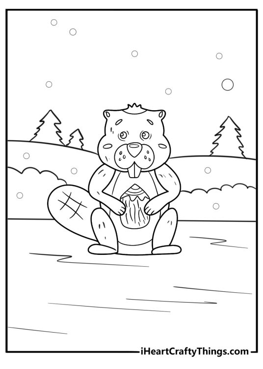 Beaver in a snowy landscape near a frozen river printable coloring sheet
