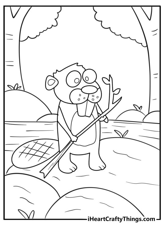 Beaver near rocks and cattails in a calm stream coloring sheet
