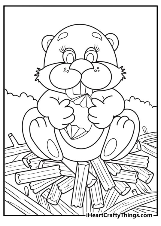 Beaver sitting near a pile of sticks printable coloring sheet