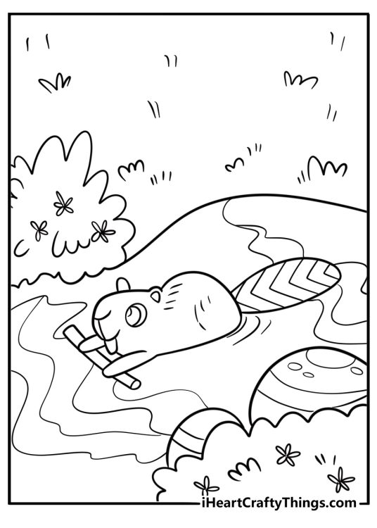 Beaver using its paws to stack branches detailed coloring sheet