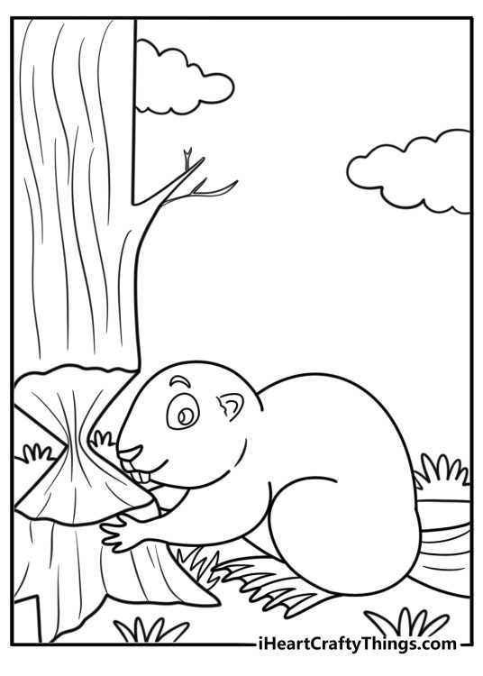 Beaver using its teeth to cut down a tree coloring page